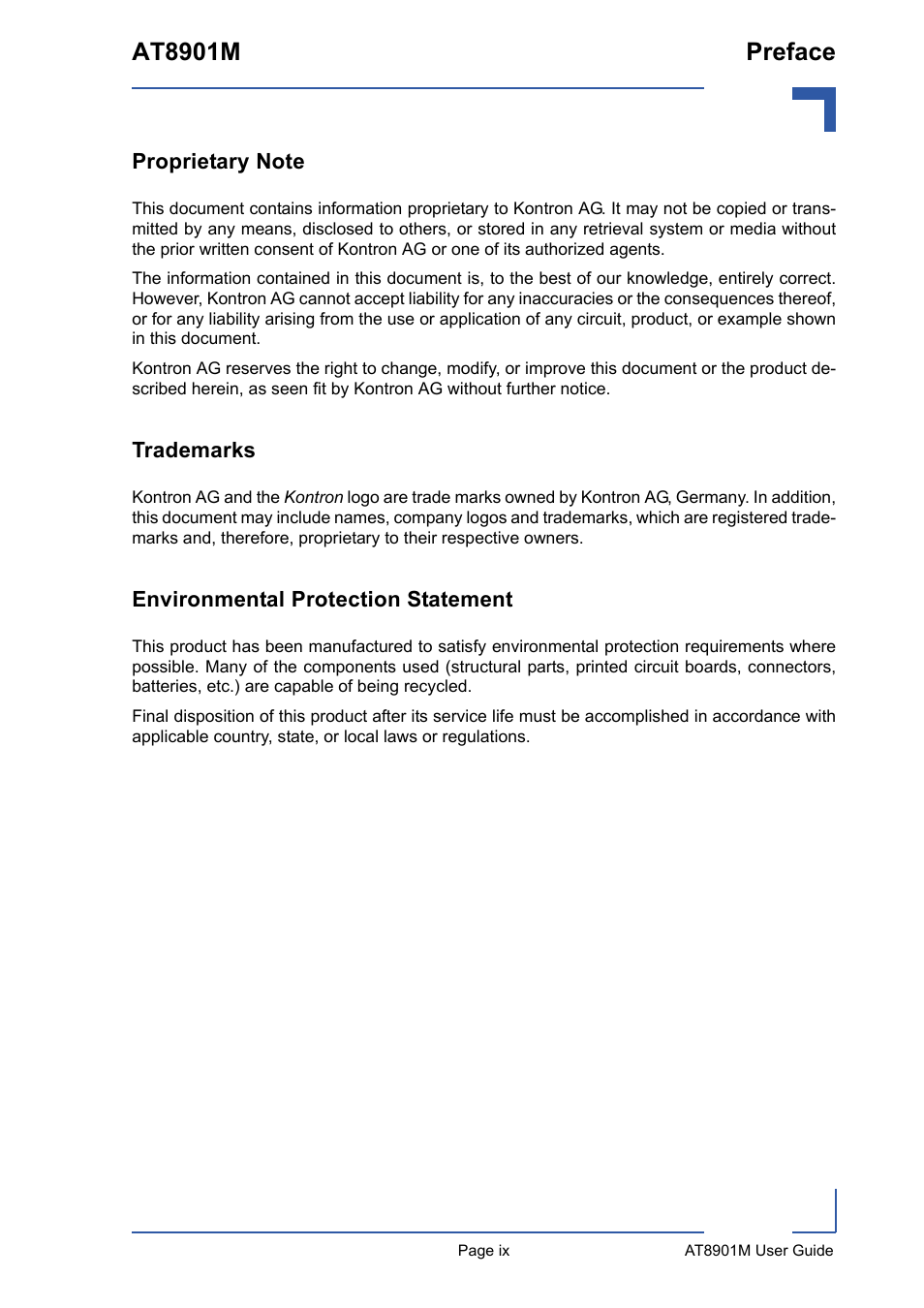 Proprietary note, Trademarks, Environmental protection statement | At8901m preface | Kontron AT8901M User Manual | Page 9 / 76