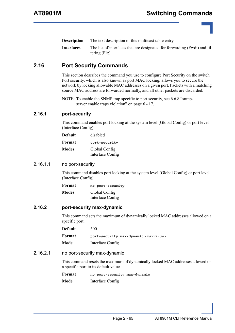 16 port security commands, 1 port-security, 2 port-security max-dynamic | 16 port security commands - 65, At8901m switching commands | Kontron AT8901M CLI User Manual | Page 101 / 313