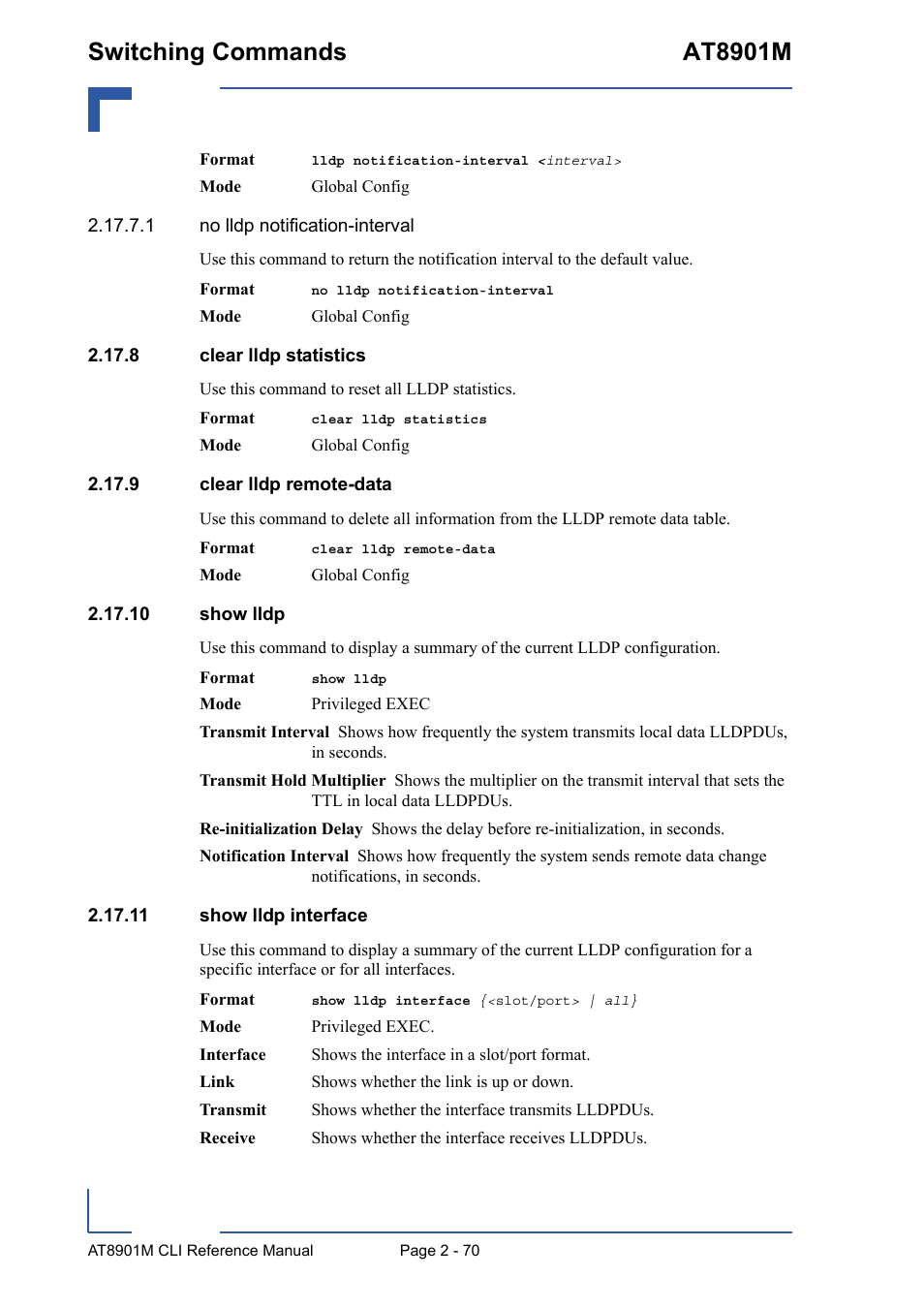8 clear lldp statistics, 9 clear lldp remote-data, 10 show lldp | 11 show lldp interface, Switching commands at8901m | Kontron AT8901M CLI User Manual | Page 106 / 313