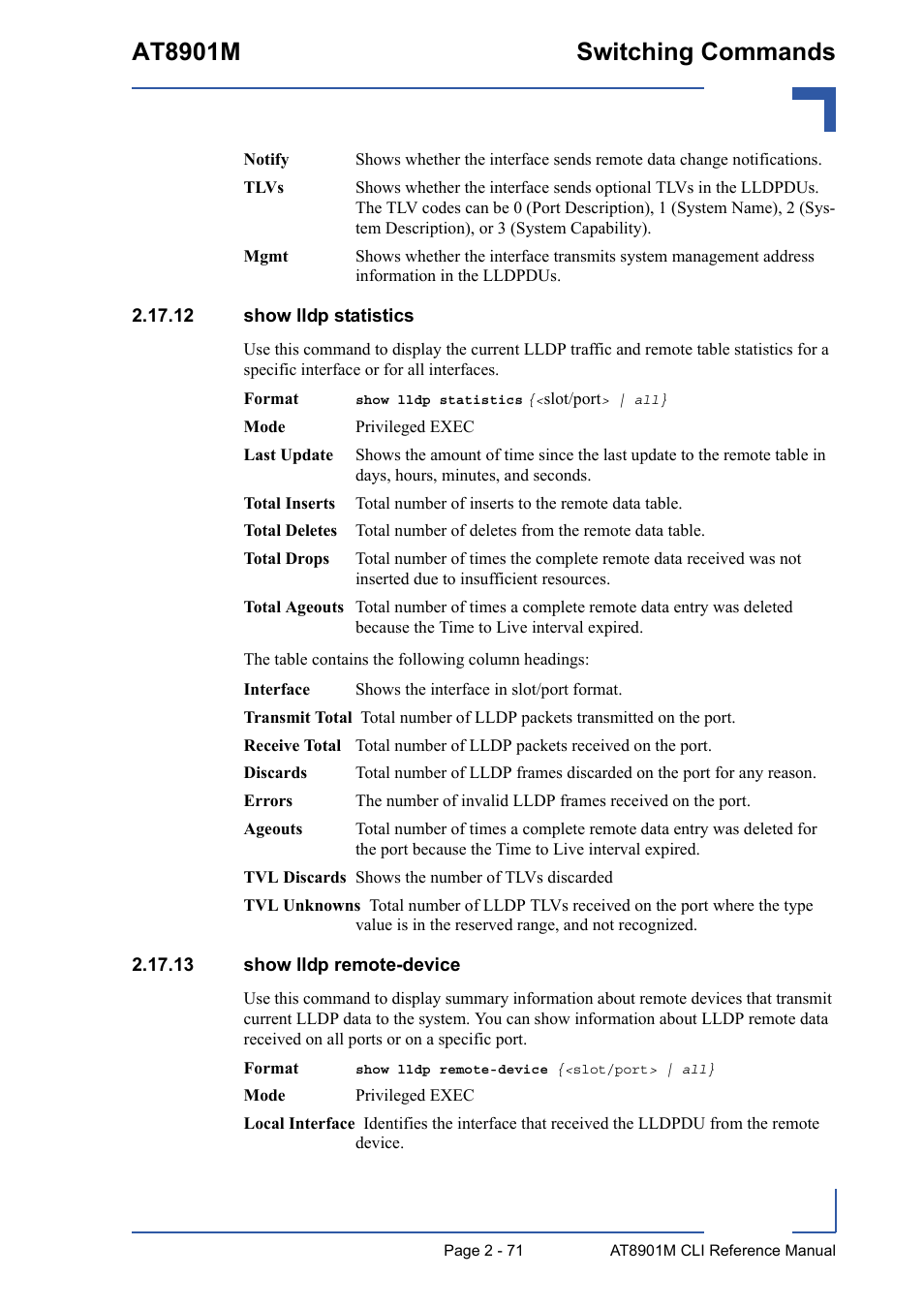 12 show lldp statistics, 13 show lldp remote-device, At8901m switching commands | Kontron AT8901M CLI User Manual | Page 107 / 313