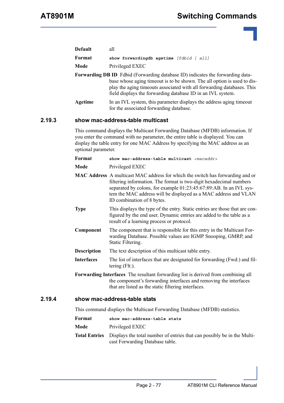 3 show mac-address-table multicast, 4 show mac-address-table stats, At8901m switching commands | Kontron AT8901M CLI User Manual | Page 113 / 313