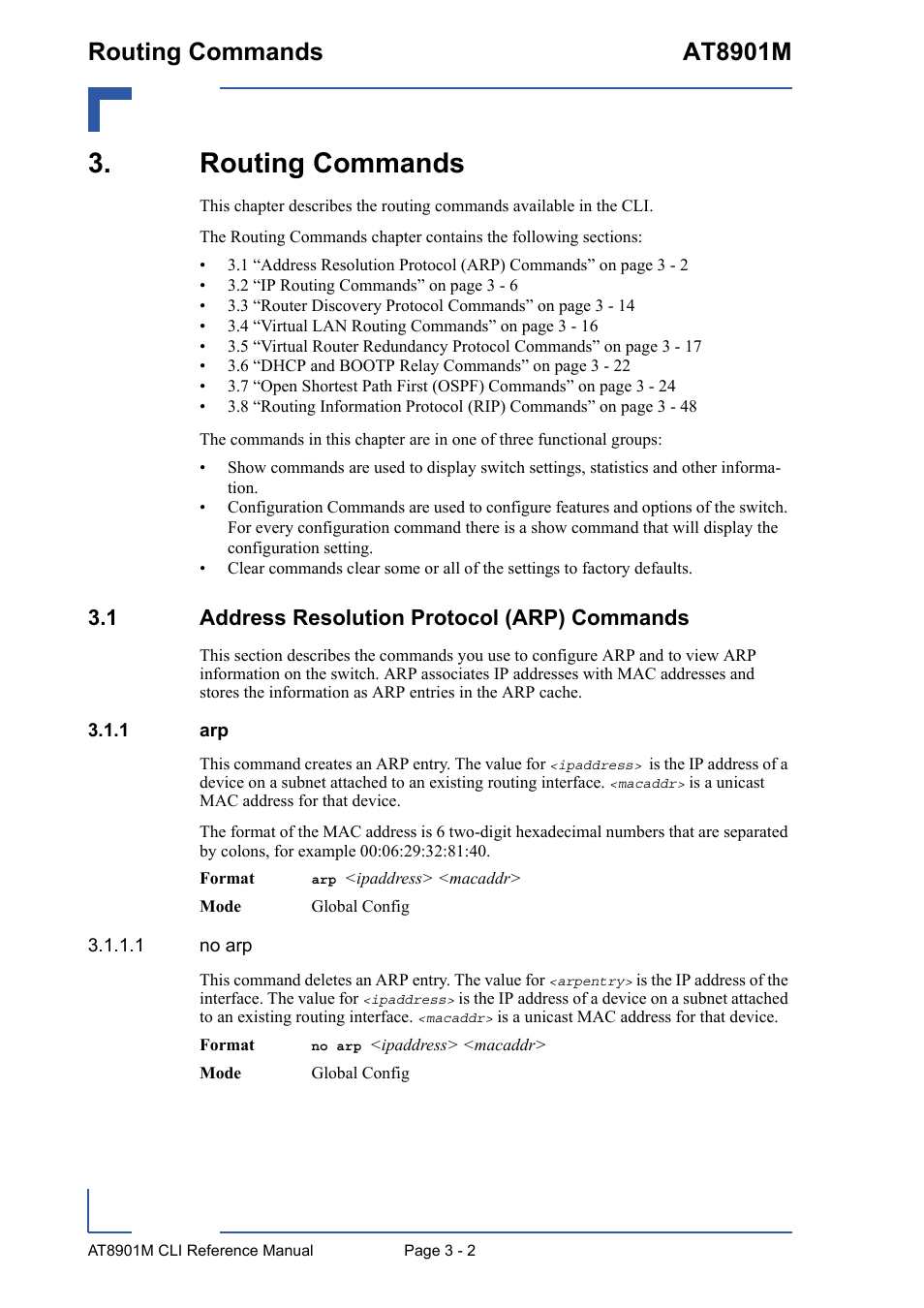 Routing commands, 1 address resolution protocol (arp) commands, 1 arp | Routing commands - 2, 1 address resolution protocol (arp) commands - 2, Arp - 2, Routing commands at8901m | Kontron AT8901M CLI User Manual | Page 116 / 313