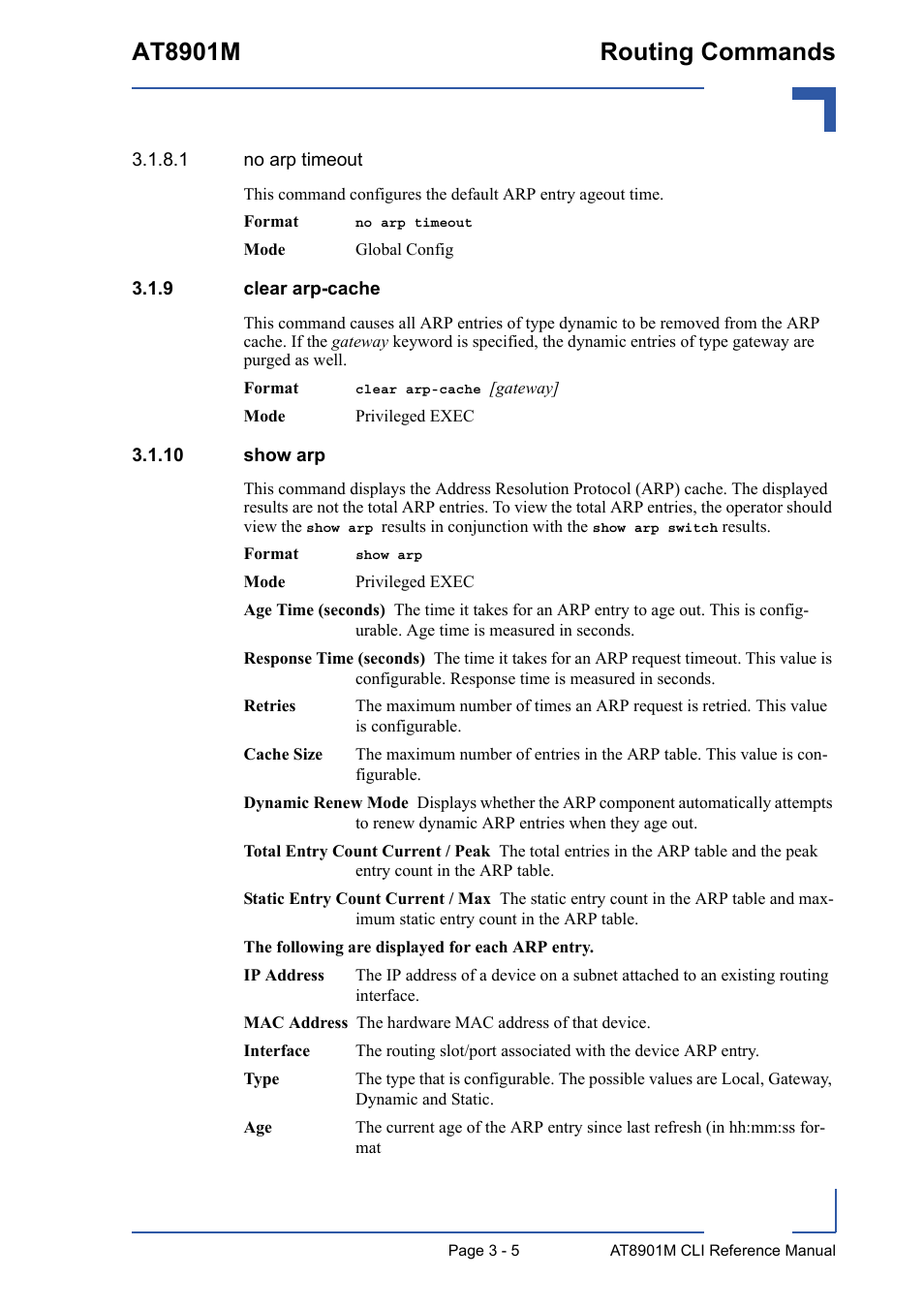 9 clear arp-cache, 10 show arp, Clear arp-cache - 5 | 10 show arp - 5, At8901m routing commands | Kontron AT8901M CLI User Manual | Page 119 / 313