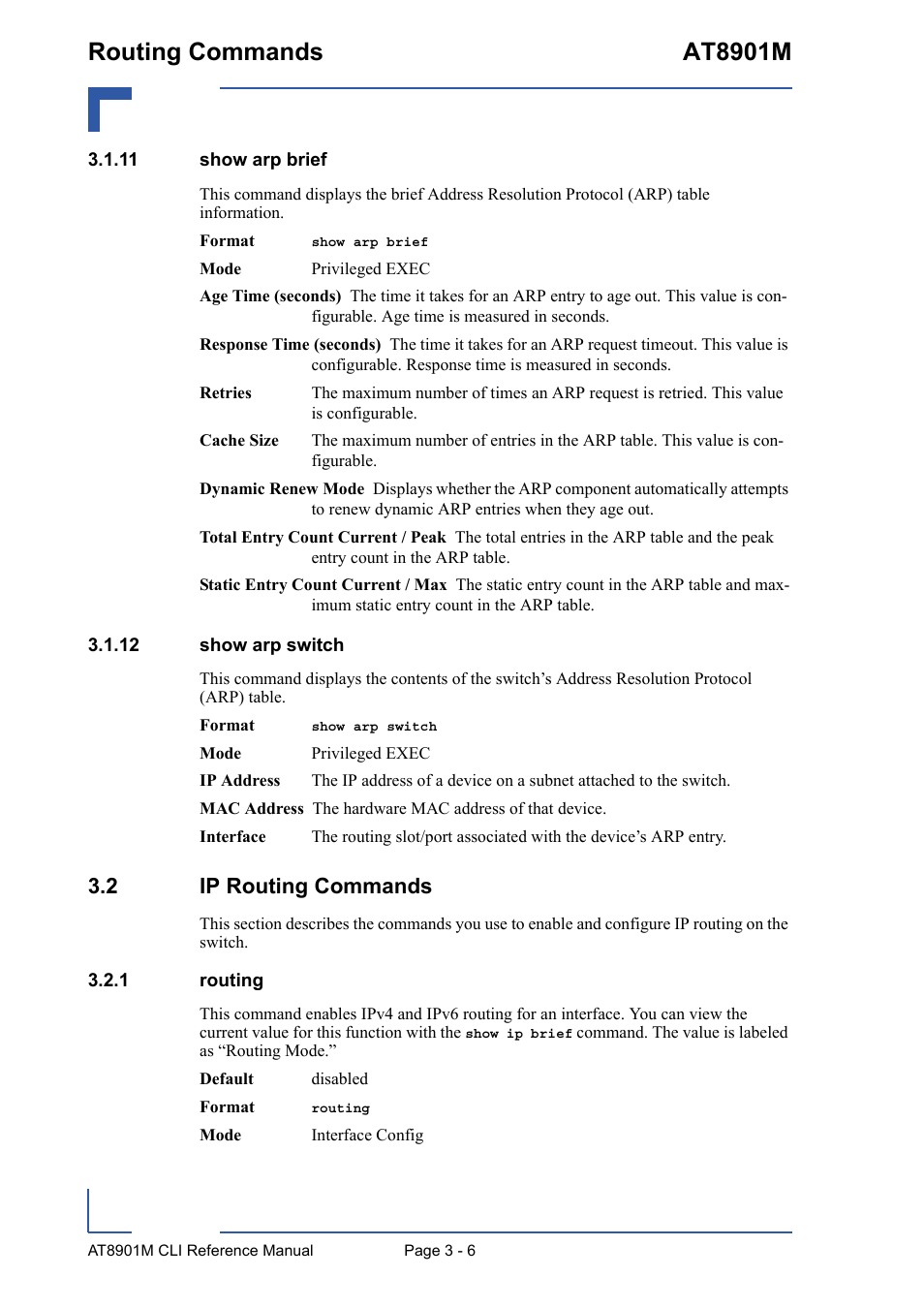 11 show arp brief, 12 show arp switch, 2 ip routing commands | 1 routing, 11 show arp brief - 6, 12 show arp switch - 6, 2 ip routing commands - 6, Routing - 6, Routing commands at8901m | Kontron AT8901M CLI User Manual | Page 120 / 313