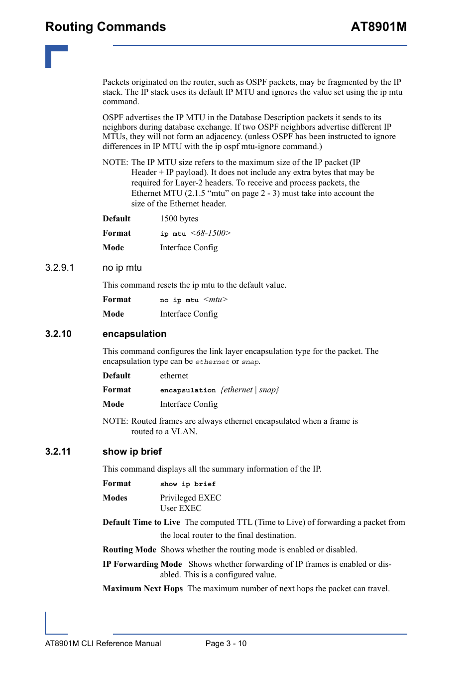 10 encapsulation, 11 show ip brief, 10 encapsulation - 10 3.2.11 show ip brief - 10 | Routing commands at8901m | Kontron AT8901M CLI User Manual | Page 124 / 313