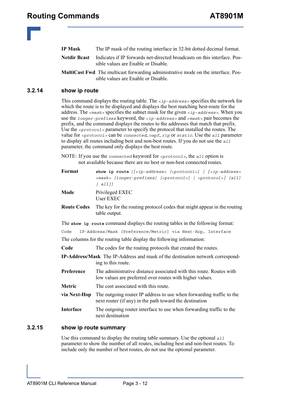 14 show ip route, 15 show ip route summary, Routing commands at8901m | Kontron AT8901M CLI User Manual | Page 126 / 313