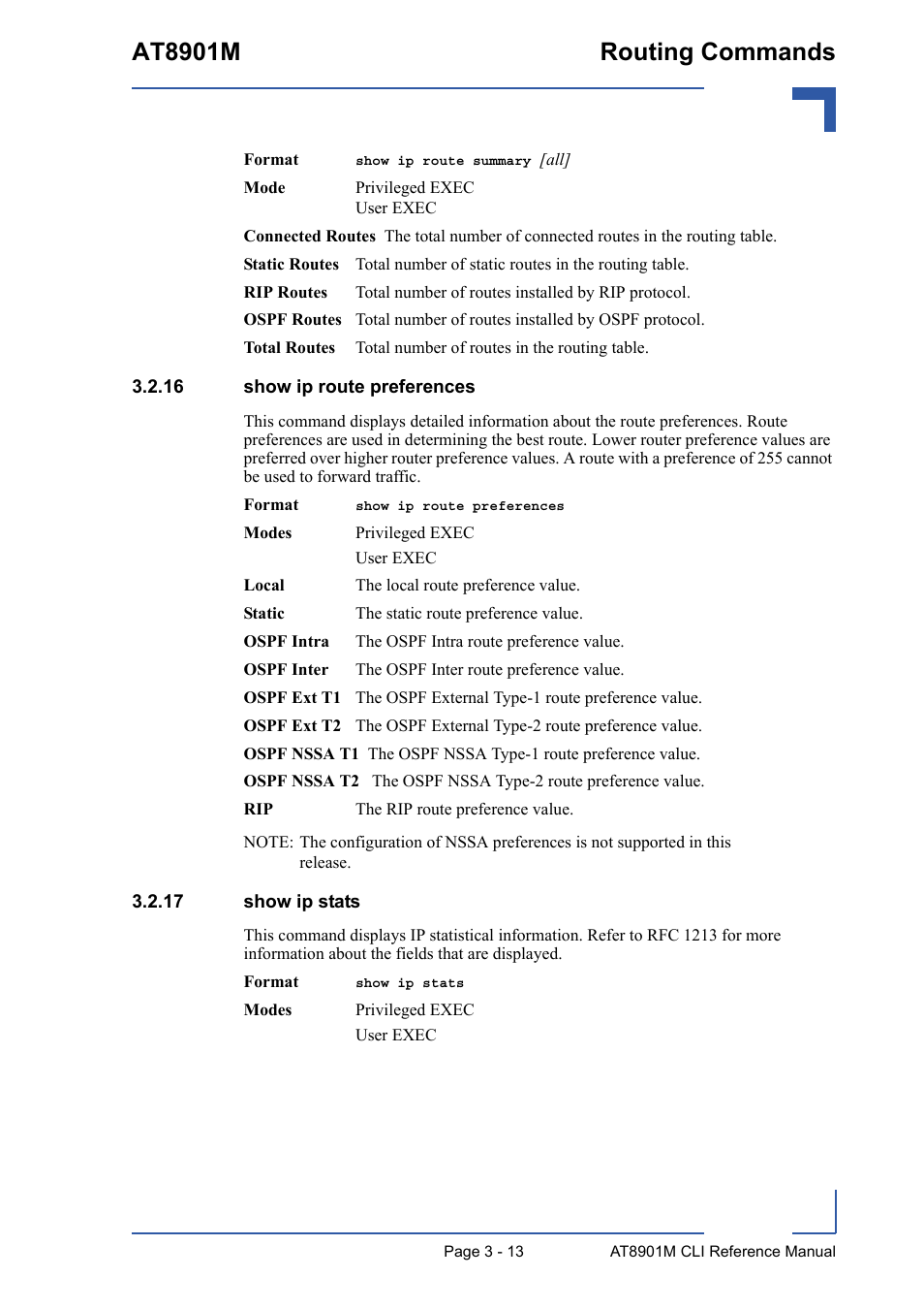 16 show ip route preferences, 17 show ip stats, At8901m routing commands | Kontron AT8901M CLI User Manual | Page 127 / 313