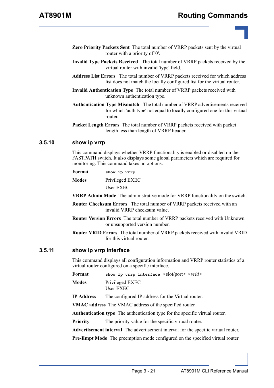 10 show ip vrrp, 11 show ip vrrp interface, At8901m routing commands | Kontron AT8901M CLI User Manual | Page 135 / 313