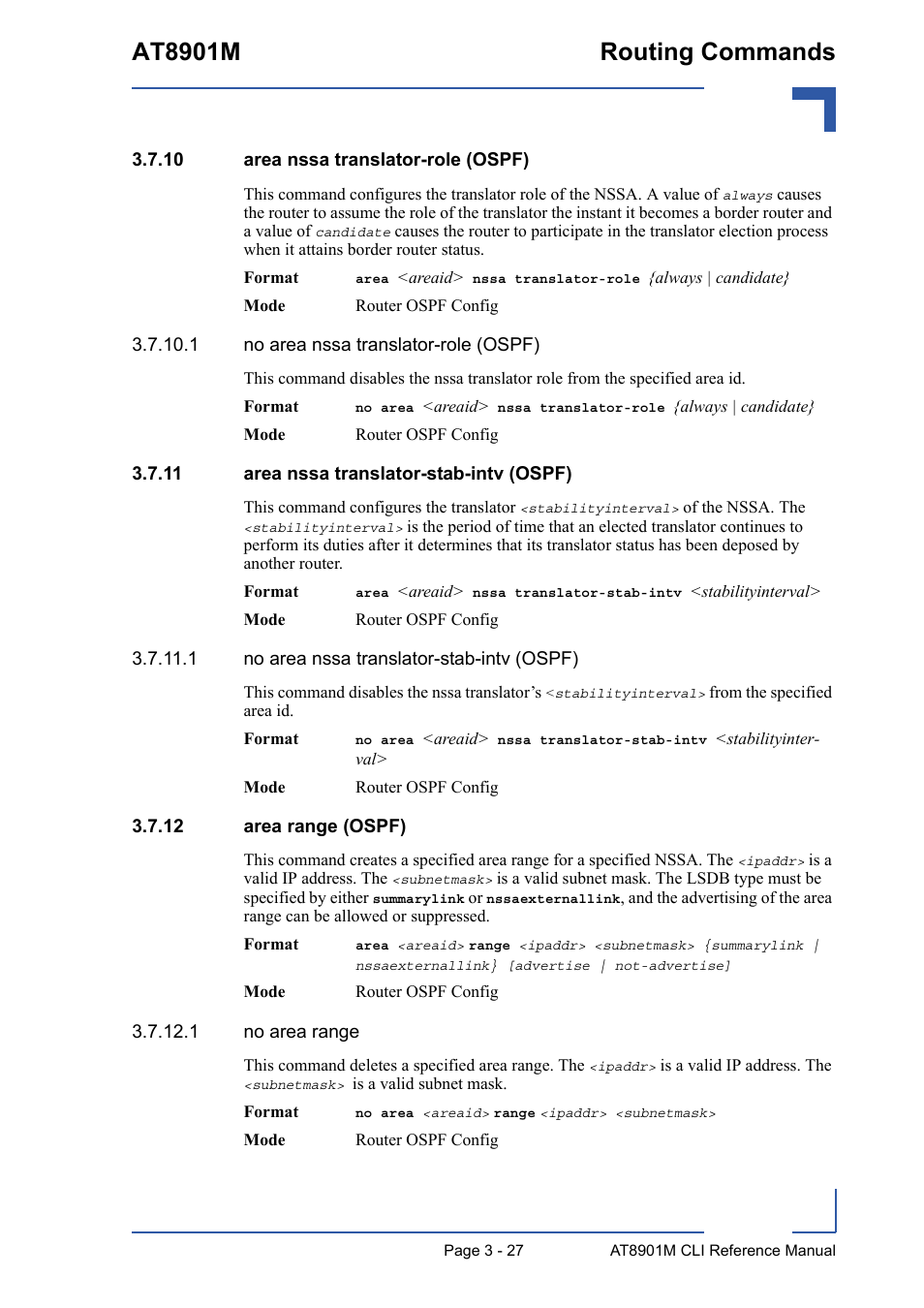 10 area nssa translator-role (ospf), 11 area nssa translator-stab-intv (ospf), 12 area range (ospf) | At8901m routing commands | Kontron AT8901M CLI User Manual | Page 141 / 313