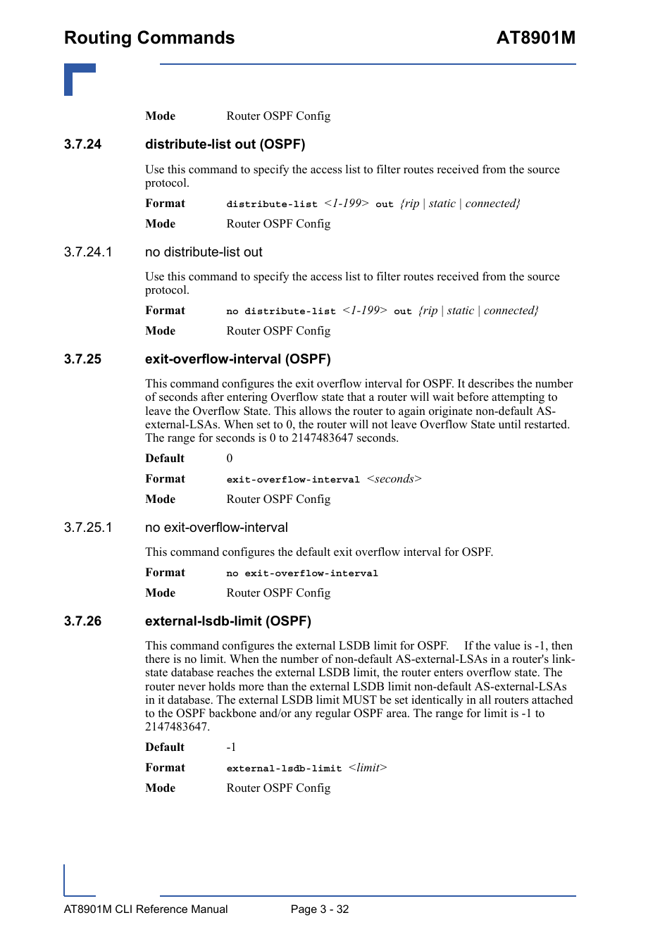 24 distribute-list out (ospf), 25 exit-overflow-interval (ospf), 26 external-lsdb-limit (ospf) | Routing commands at8901m | Kontron AT8901M CLI User Manual | Page 146 / 313