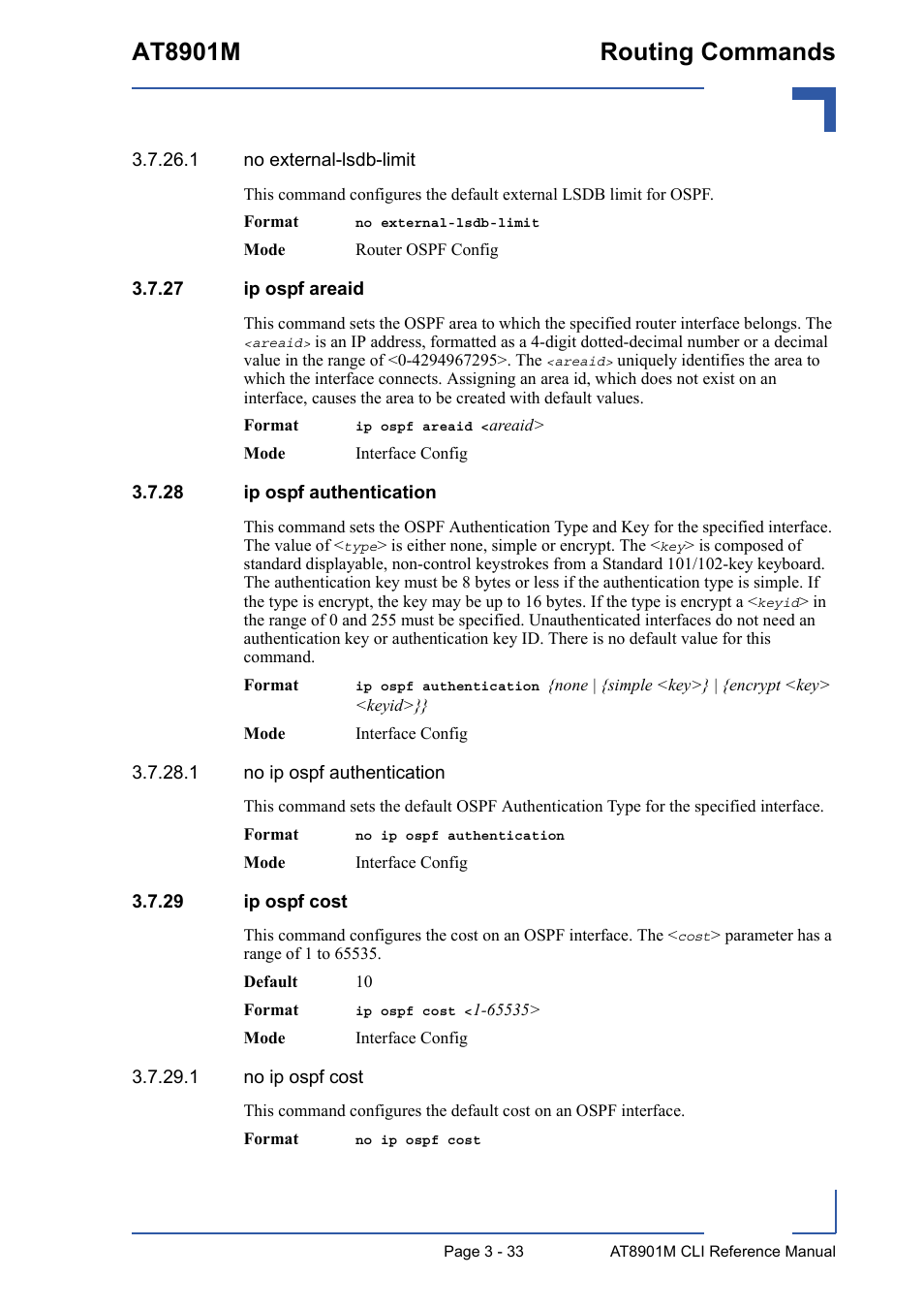27 ip ospf areaid, 28 ip ospf authentication, 29 ip ospf cost | At8901m routing commands | Kontron AT8901M CLI User Manual | Page 147 / 313
