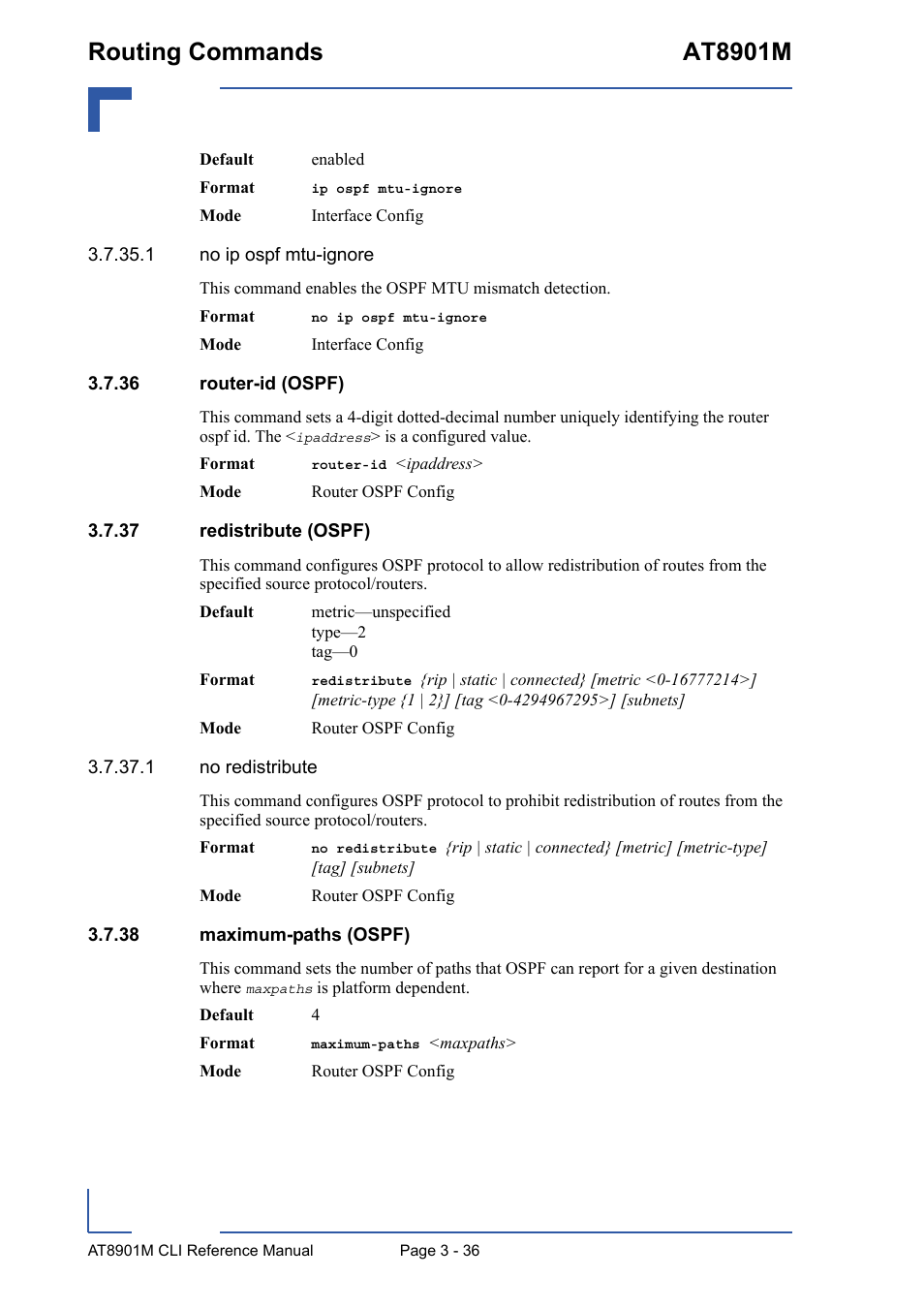 36 router-id (ospf), 37 redistribute (ospf), 38 maximum-paths (ospf) | Routing commands at8901m | Kontron AT8901M CLI User Manual | Page 150 / 313