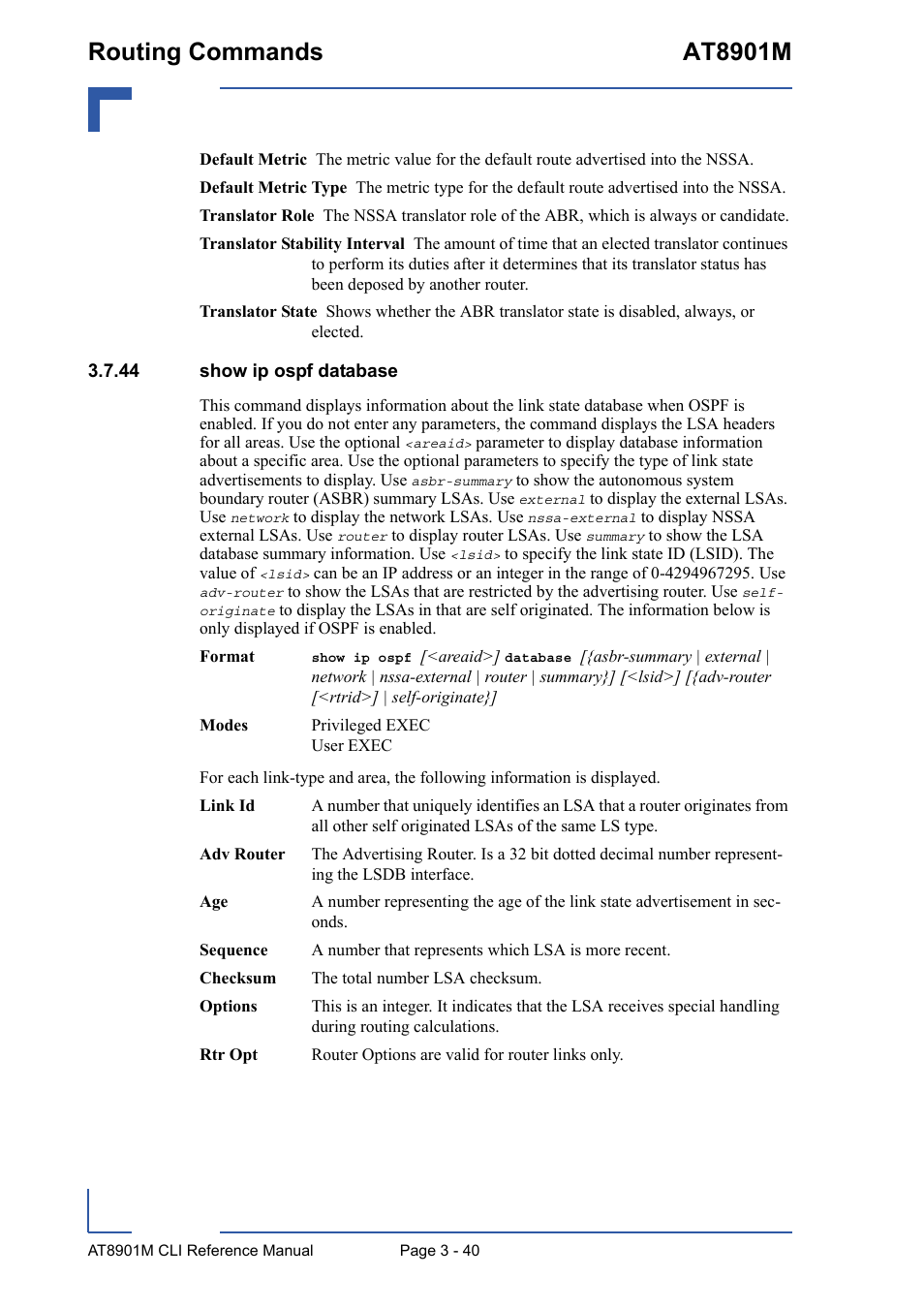 44 show ip ospf database, 44 show ip ospf database - 40, Routing commands at8901m | Kontron AT8901M CLI User Manual | Page 154 / 313