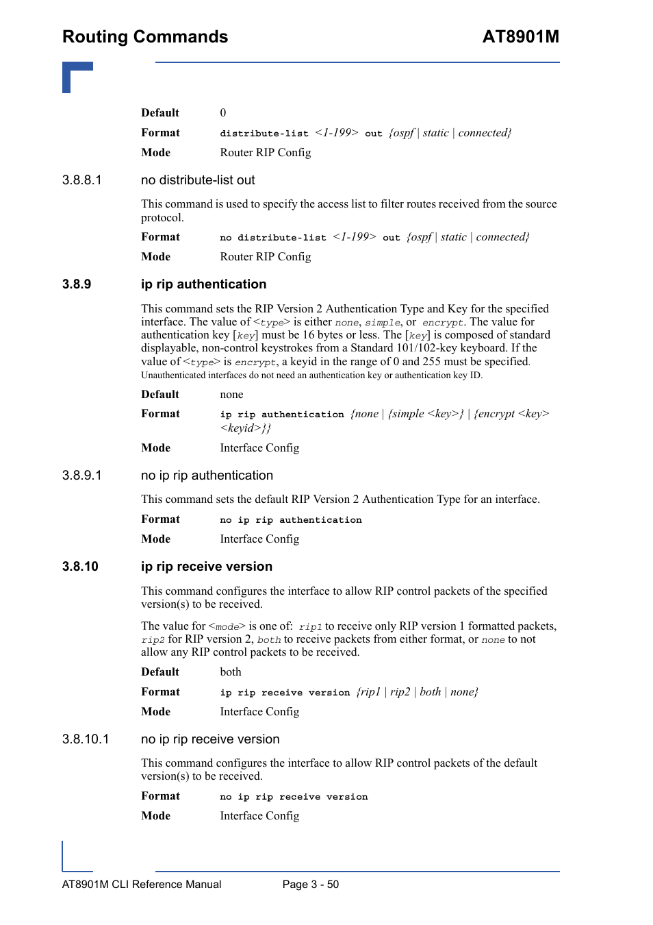 9 ip rip authentication, 10 ip rip receive version, Ip rip authentication - 50 | 10 ip rip receive version - 50, Routing commands at8901m | Kontron AT8901M CLI User Manual | Page 164 / 313