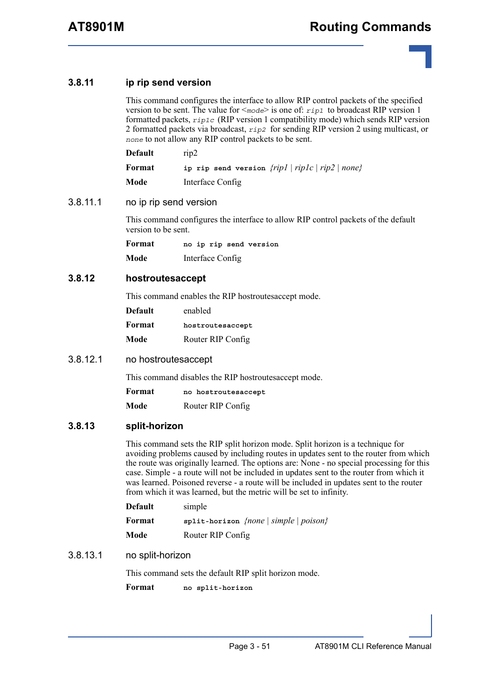 11 ip rip send version, 12 hostroutesaccept, 13 split-horizon | At8901m routing commands | Kontron AT8901M CLI User Manual | Page 165 / 313