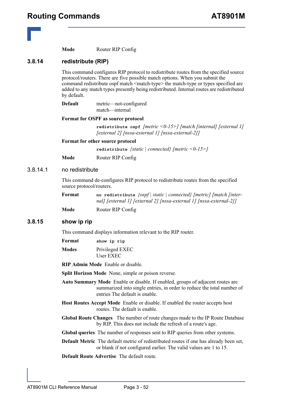 14 redistribute (rip), 15 show ip rip, 14 redistribute (rip) - 52 3.8.15 show ip rip - 52 | Routing commands at8901m | Kontron AT8901M CLI User Manual | Page 166 / 313