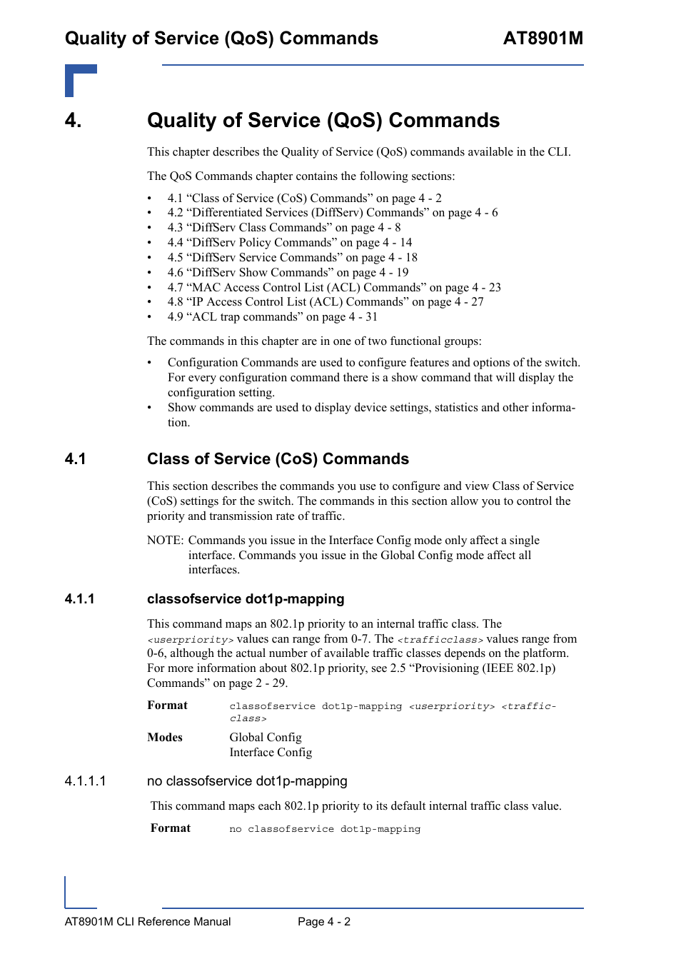 Quality of service (qos) commands, 1 class of service (cos) commands, 1 classofservice dot1p-mapping | Quality of service (qos) commands - 2, 1 class of service (cos) commands - 2, Classofservice dot1p-mapping - 2, Quality of service (qos) commands at8901m | Kontron AT8901M CLI User Manual | Page 170 / 313