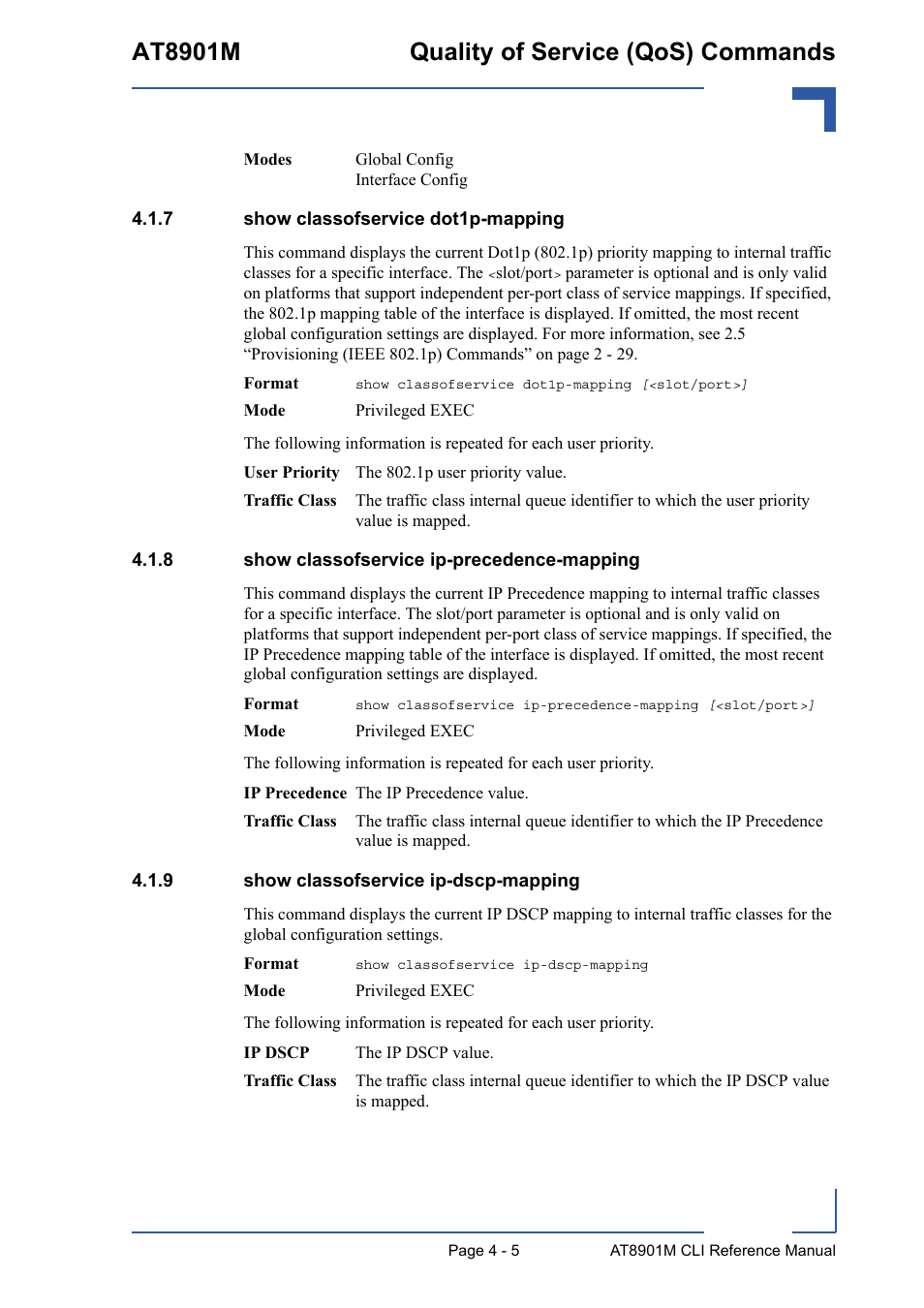 7 show classofservice dot1p-mapping, 8 show classofservice ip-precedence-mapping, 9 show classofservice ip-dscp-mapping | Show classofservice dot1p-mapping - 5, Show classofservice ip-precedence-mapping - 5, Show classofservice ip-dscp-mapping - 5, At8901m quality of service (qos) commands | Kontron AT8901M CLI User Manual | Page 173 / 313