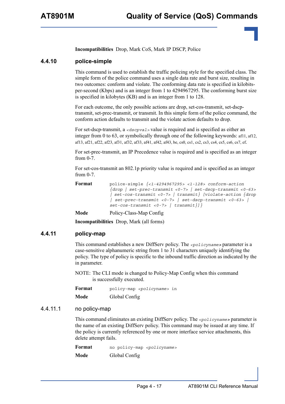 10 police-simple, 11 policy-map, 10 police-simple - 17 4.4.11 policy-map - 17 | At8901m quality of service (qos) commands | Kontron AT8901M CLI User Manual | Page 185 / 313