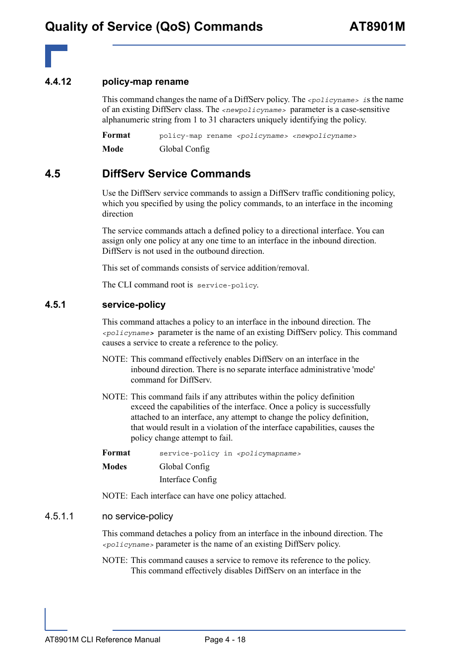 12 policy-map rename, 5 diffserv service commands, 1 service-policy | 12 policy-map rename - 18, 5 diffserv service commands - 18, Service-policy - 18, Quality of service (qos) commands at8901m | Kontron AT8901M CLI User Manual | Page 186 / 313