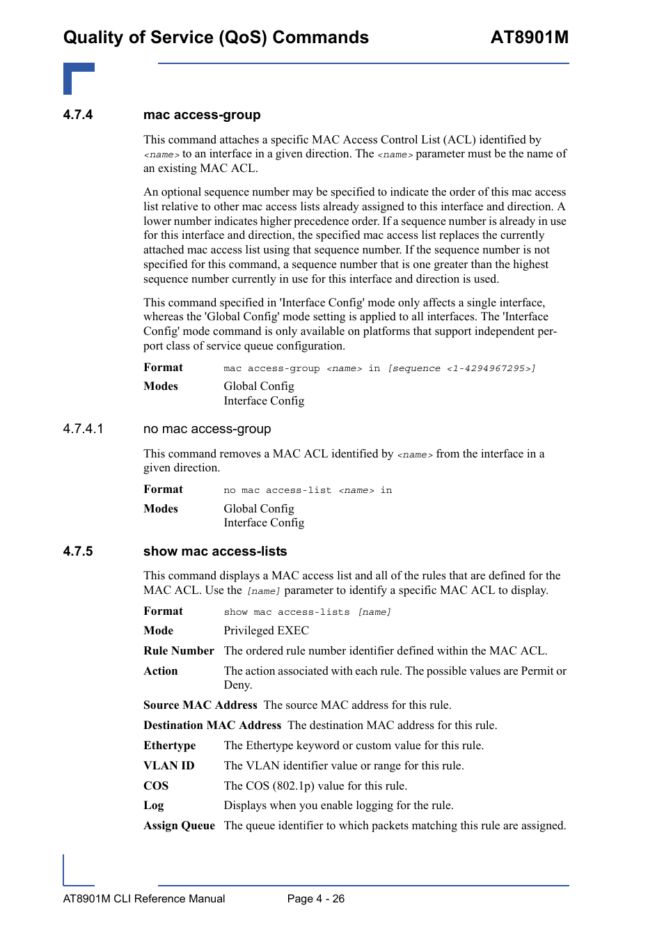 4 mac access-group, 5 show mac access-lists, Mac access-group - 26 | Show mac access-lists - 26, Quality of service (qos) commands at8901m | Kontron AT8901M CLI User Manual | Page 194 / 313