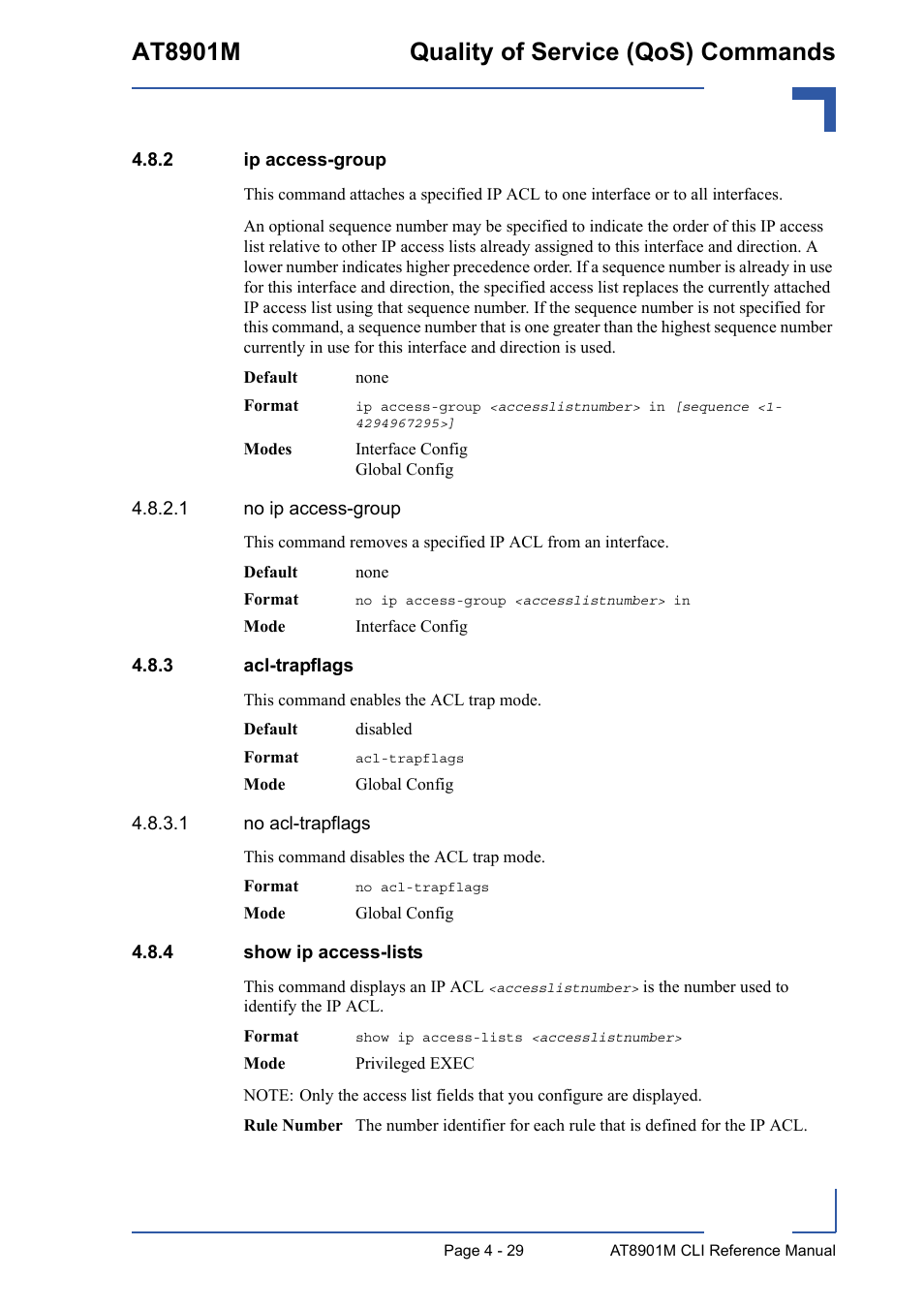 2 ip access-group, 3 acl-trapflags, 4 show ip access-lists | Ip access-group - 29, Acl-trapflags - 29, Show ip access-lists - 29, At8901m quality of service (qos) commands | Kontron AT8901M CLI User Manual | Page 197 / 313