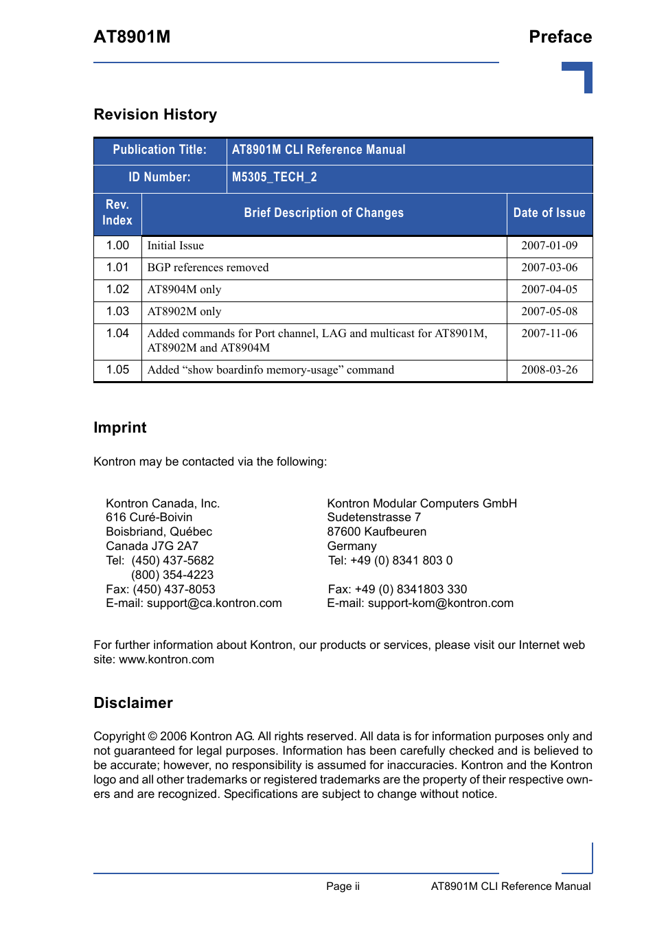 Revision history, Imprint, Disclaimer | At8901m preface, Revision history imprint | Kontron AT8901M CLI User Manual | Page 2 / 313