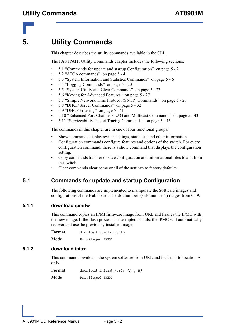 Utility commands, 1 commands for update and startup configuration, 1 download ipmifw | 2 download initrd, Utility commands - 2, Download ipmifw - 2, Download initrd - 2, Utility commands at8901m | Kontron AT8901M CLI User Manual | Page 202 / 313