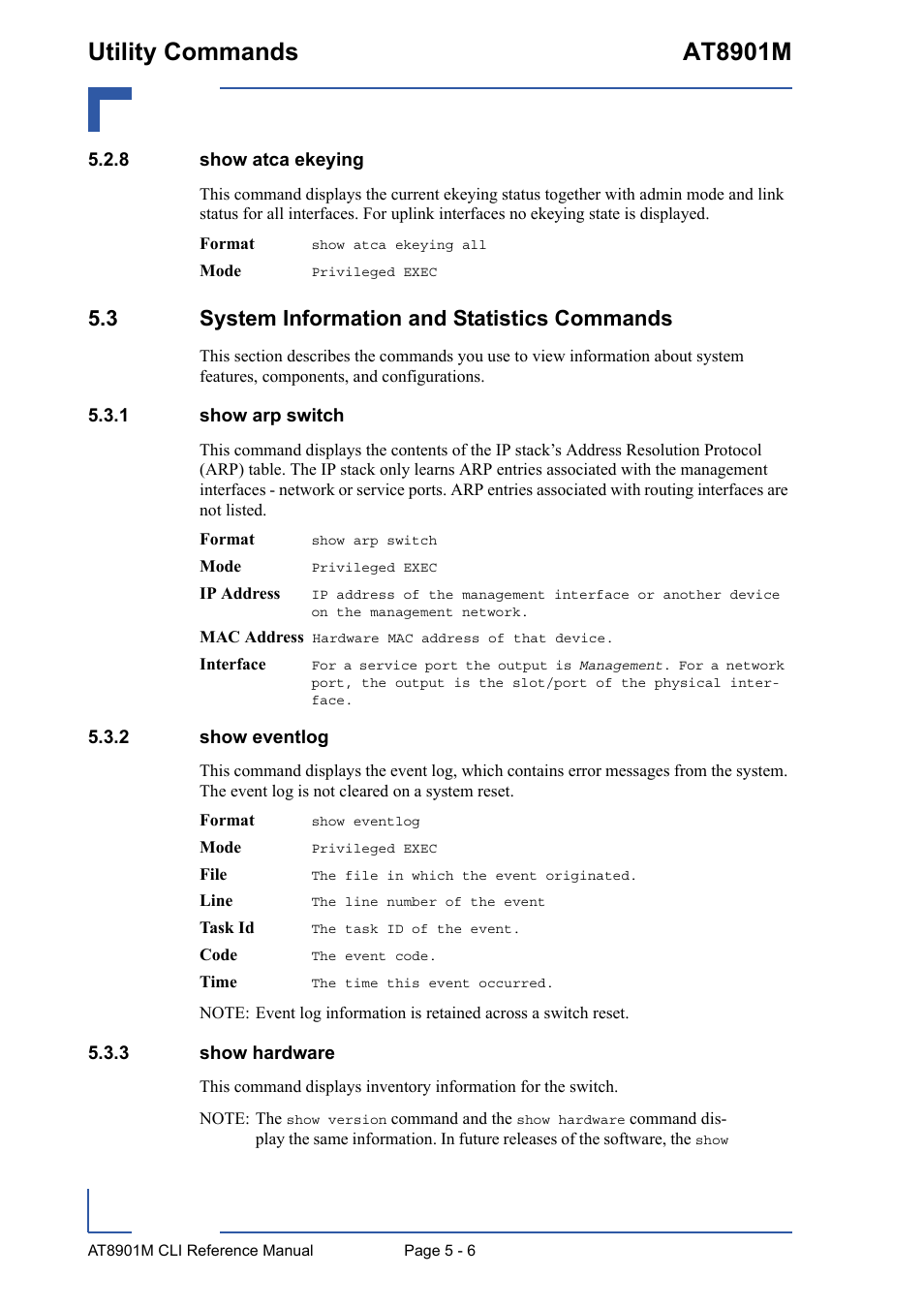 8 show atca ekeying, 3 system information and statistics commands, 1 show arp switch | 2 show eventlog, 3 show hardware, Show atca ekeying - 6, 3 system information and statistics commands - 6, Show arp switch - 6, Show eventlog - 6, Show hardware - 6 | Kontron AT8901M CLI User Manual | Page 206 / 313