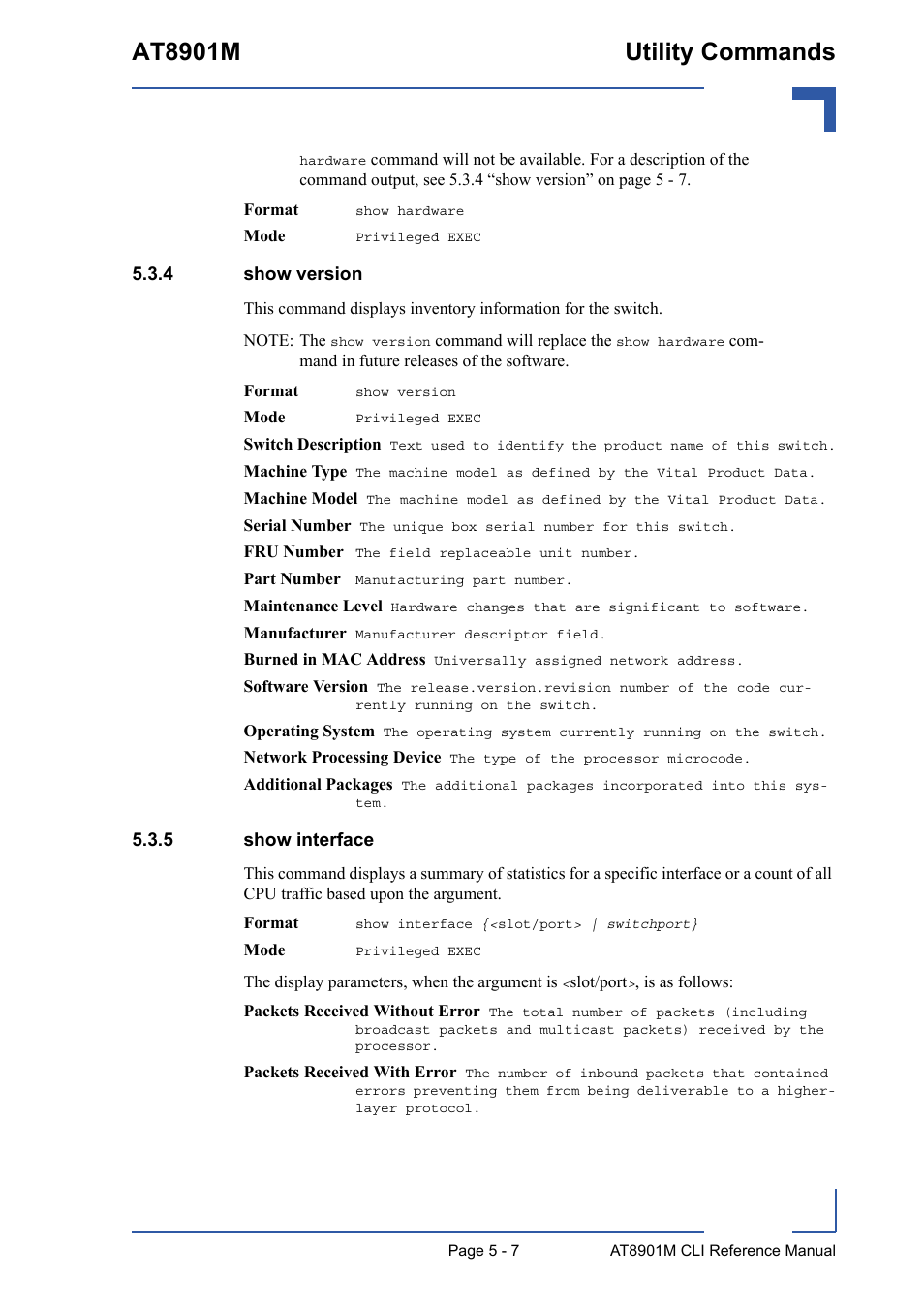 4 show version, 5 show interface, Show version - 7 | Show interface - 7, At8901m utility commands | Kontron AT8901M CLI User Manual | Page 207 / 313