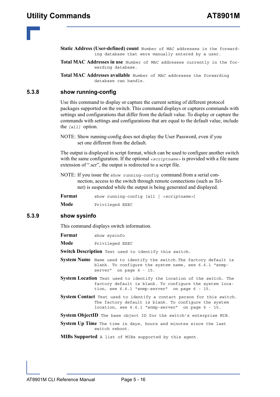 8 show running-config, 9 show sysinfo, Show running-config - 16 | Show sysinfo - 16, Utility commands at8901m | Kontron AT8901M CLI User Manual | Page 216 / 313