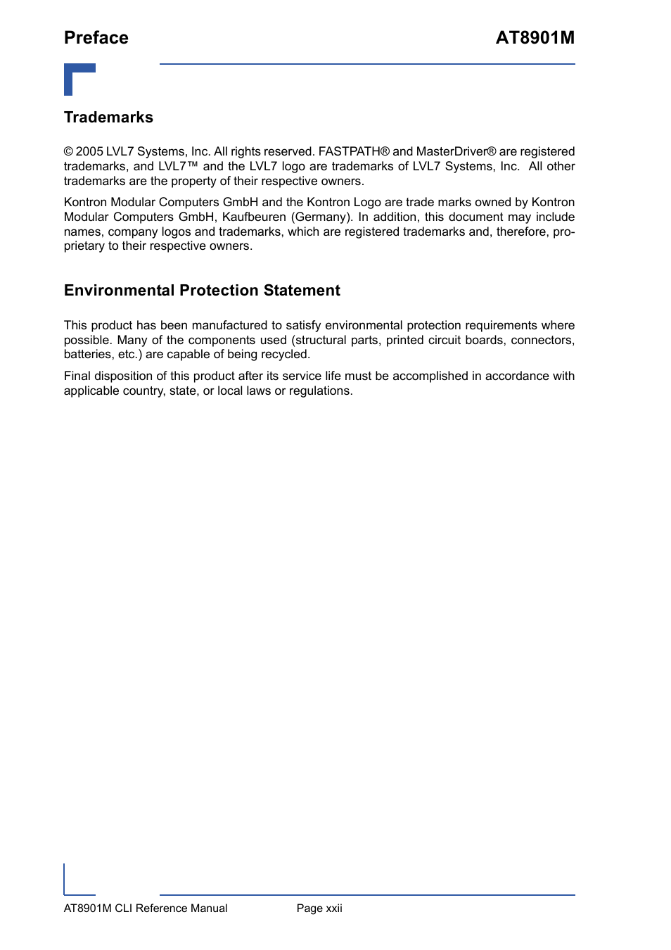 Trademarks, Environmental protection statement, Preface at8901m | Kontron AT8901M CLI User Manual | Page 22 / 313