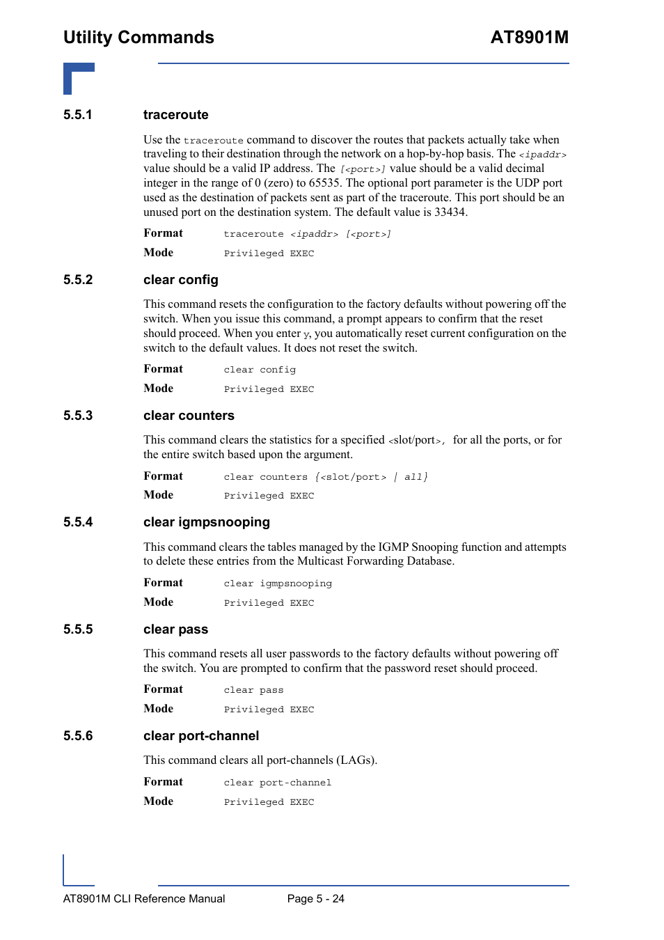 1 traceroute, 2 clear config, 3 clear counters | 4 clear igmpsnooping, 5 clear pass, 6 clear port-channel, Traceroute - 24, Clear config - 24, Clear counters - 24, Clear igmpsnooping - 24 | Kontron AT8901M CLI User Manual | Page 224 / 313