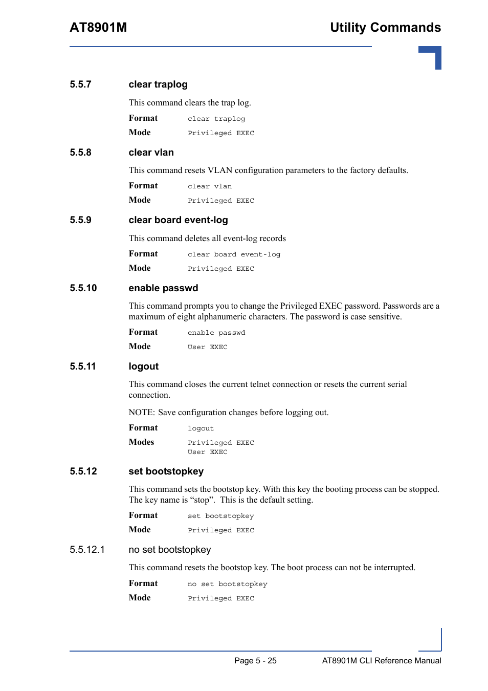 7 clear traplog, 8 clear vlan, 9 clear board event-log | 10 enable passwd, 11 logout, 12 set bootstopkey, Clear traplog - 25, Clear vlan - 25, Clear board event-log - 25, At8901m utility commands | Kontron AT8901M CLI User Manual | Page 225 / 313