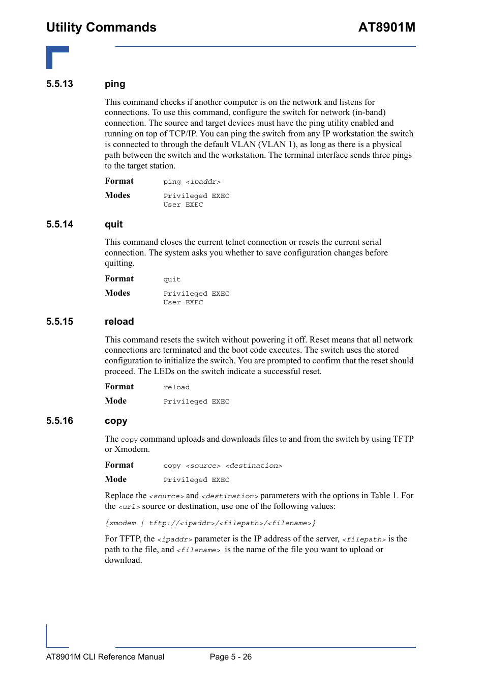 13 ping, 14 quit, 15 reload | 16 copy, Utility commands at8901m | Kontron AT8901M CLI User Manual | Page 226 / 313