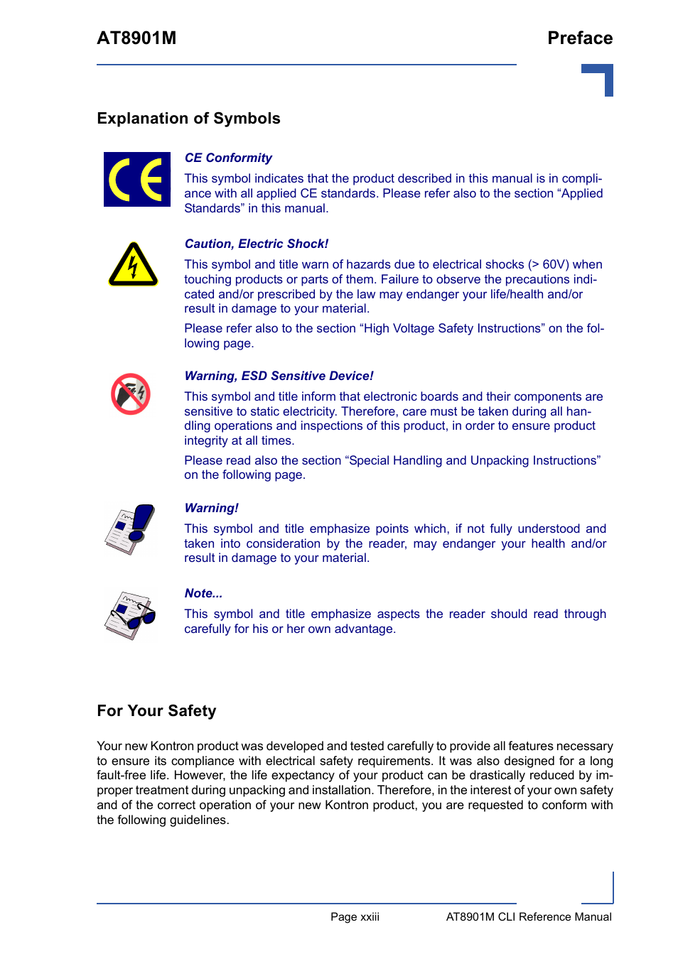 Explanation of symbols, For your safety, At8901m preface | Kontron AT8901M CLI User Manual | Page 23 / 313