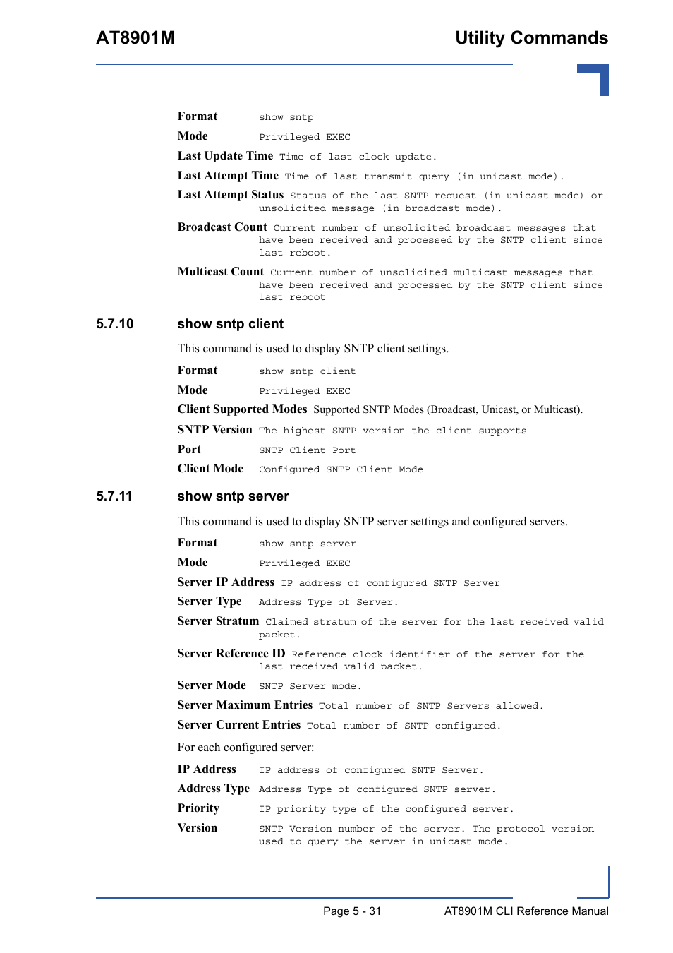 10 show sntp client, 11 show sntp server, At8901m utility commands | Kontron AT8901M CLI User Manual | Page 231 / 313
