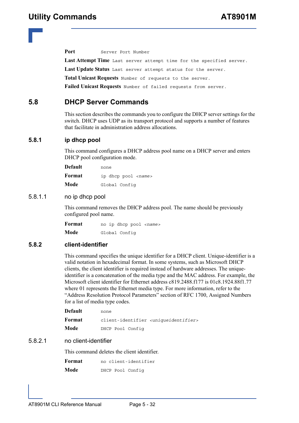 8 dhcp server commands, 1 ip dhcp pool, 2 client-identifier | 8 dhcp server commands - 32, Ip dhcp pool - 32, Client-identifier - 32, Utility commands at8901m | Kontron AT8901M CLI User Manual | Page 232 / 313