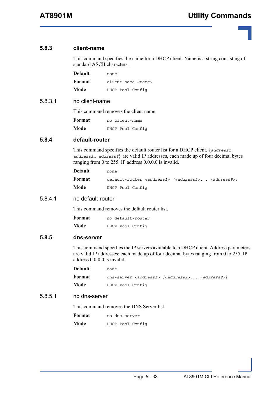 3 client-name, 4 default-router, 5 dns-server | Client-name - 33, Default-router - 33, Dns-server - 33, At8901m utility commands | Kontron AT8901M CLI User Manual | Page 233 / 313
