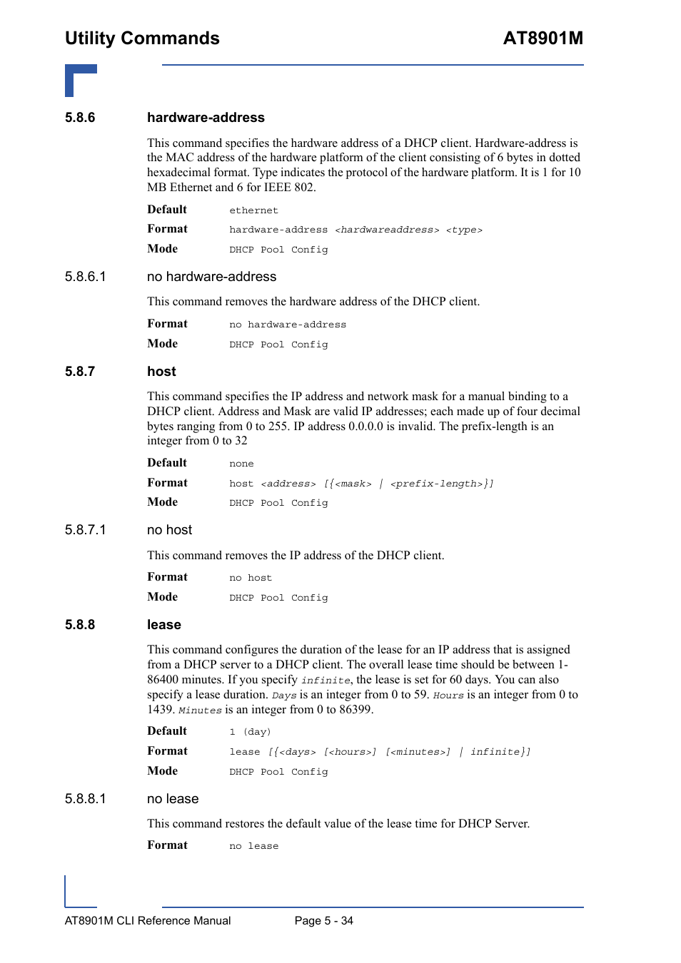 6 hardware-address, 7 host, 8 lease | Hardware-address - 34, Host - 34, Lease - 34, Utility commands at8901m | Kontron AT8901M CLI User Manual | Page 234 / 313