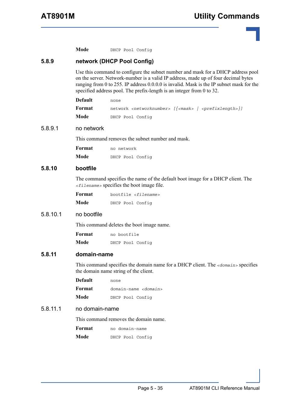9 network (dhcp pool config), 10 bootfile, 11 domain-name | Network (dhcp pool config) - 35, 10 bootfile - 35 5.8.11 domain-name - 35, At8901m utility commands | Kontron AT8901M CLI User Manual | Page 235 / 313