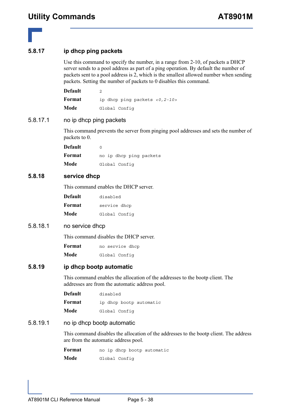 17 ip dhcp ping packets, 18 service dhcp, 19 ip dhcp bootp automatic | Utility commands at8901m | Kontron AT8901M CLI User Manual | Page 238 / 313