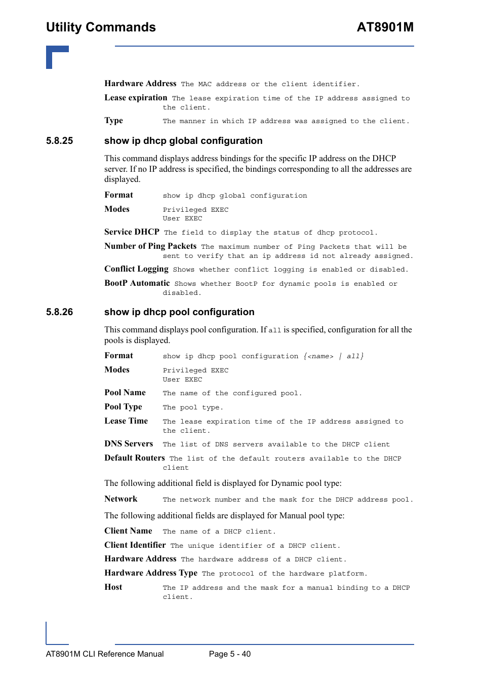 25 show ip dhcp global configuration, 26 show ip dhcp pool configuration, Utility commands at8901m | Kontron AT8901M CLI User Manual | Page 240 / 313