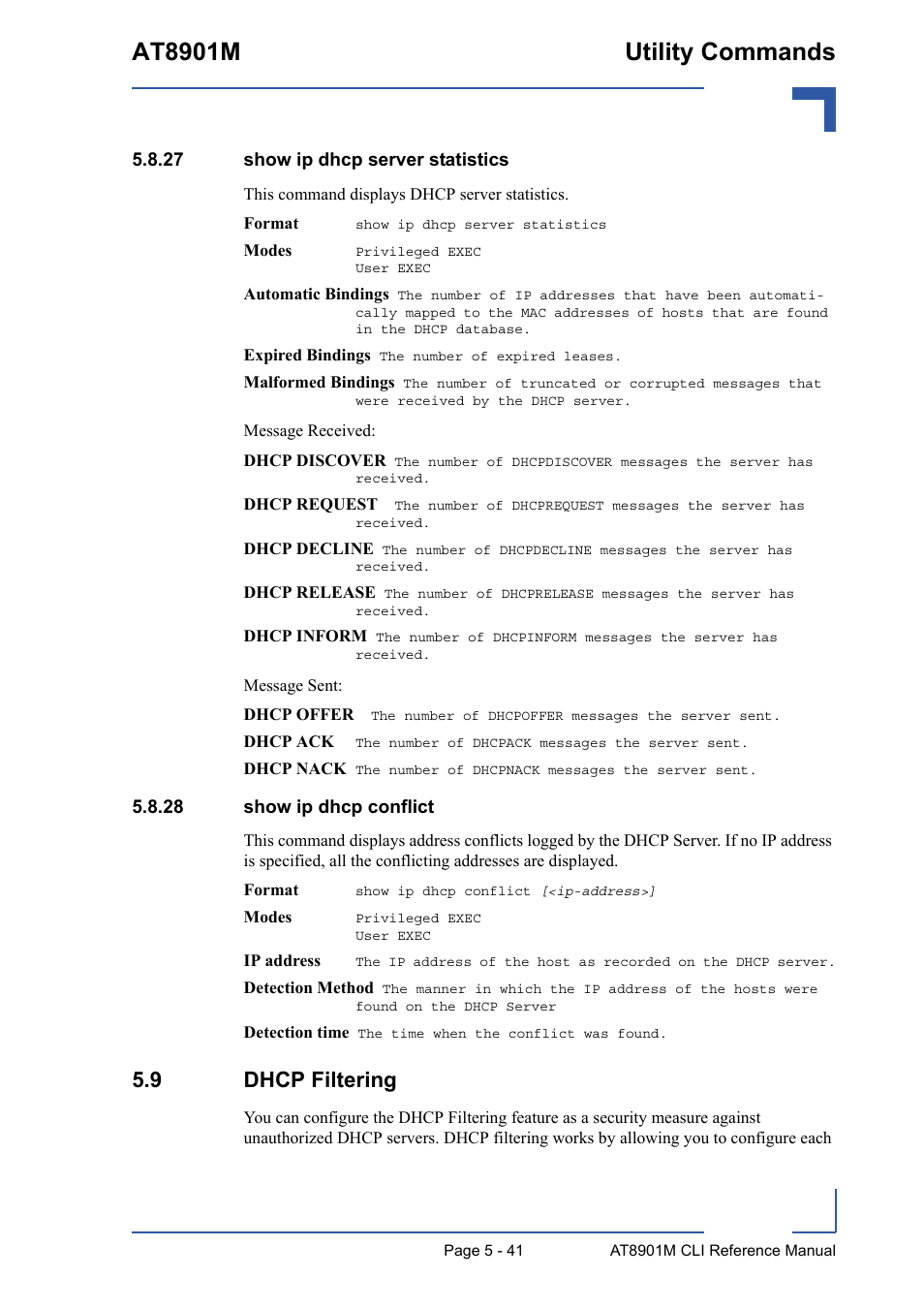 27 show ip dhcp server statistics, 28 show ip dhcp conflict, 9 dhcp filtering | 9 dhcp filtering - 41, At8901m utility commands | Kontron AT8901M CLI User Manual | Page 241 / 313