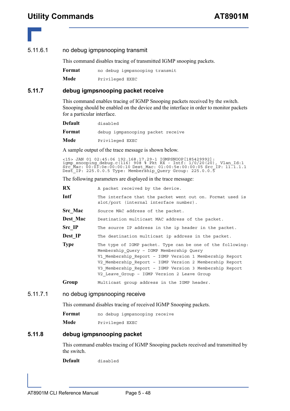7 debug igmpsnooping packet receive, 8 debug igmpsnooping packet, Utility commands at8901m | Kontron AT8901M CLI User Manual | Page 248 / 313
