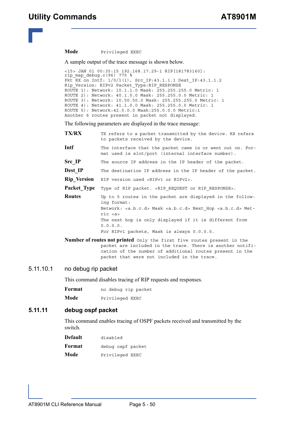 11 debug ospf packet, 11 debug ospf packet - 50, Utility commands at8901m | Kontron AT8901M CLI User Manual | Page 250 / 313