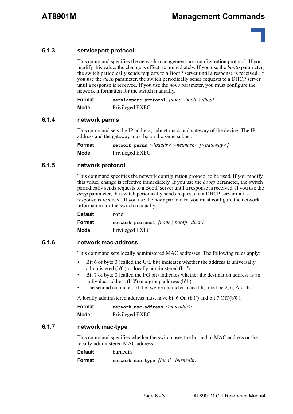 3 serviceport protocol, 4 network parms, 5 network protocol | 6 network mac-address, 7 network mac-type, Serviceport protocol - 3, Network parms - 3, Network protocol - 3, Network mac-address - 3, Network mac-type - 3 | Kontron AT8901M CLI User Manual | Page 255 / 313