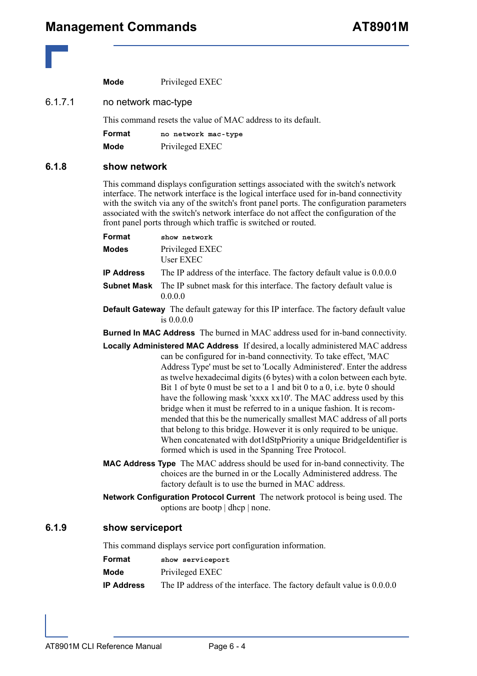 8 show network, 9 show serviceport, Show network - 4 | Show serviceport - 4, Management commands at8901m | Kontron AT8901M CLI User Manual | Page 256 / 313