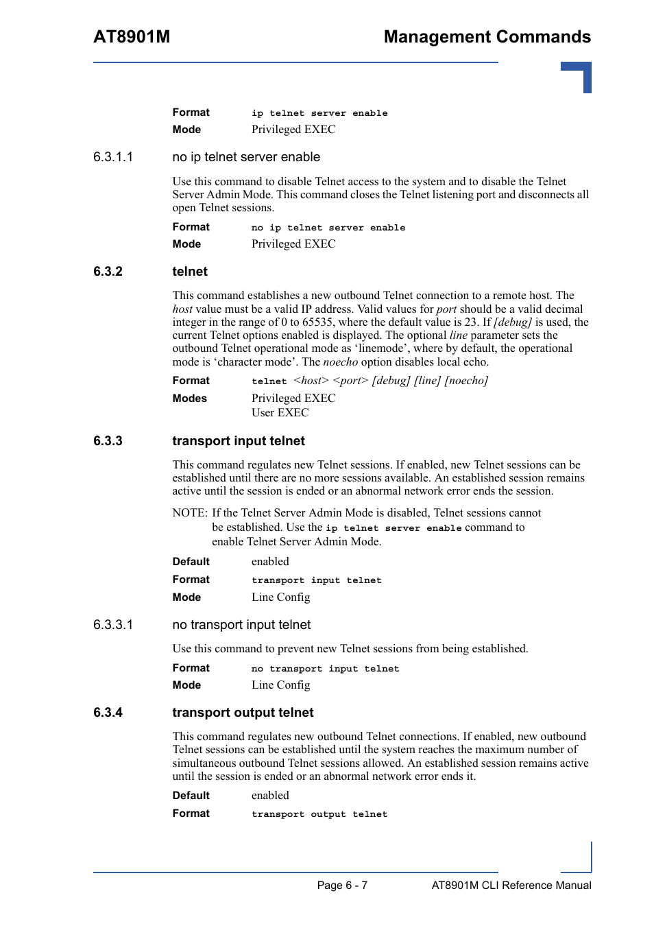 2 telnet, 3 transport input telnet, 4 transport output telnet | Telnet - 7, Transport input telnet - 7, Transport output telnet - 7, At8901m management commands | Kontron AT8901M CLI User Manual | Page 259 / 313