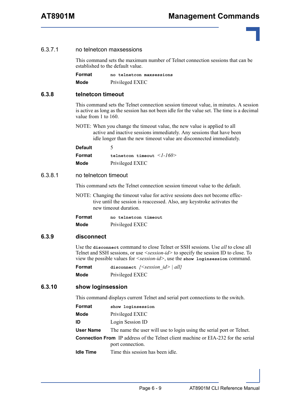 8 telnetcon timeout, 9 disconnect, 10 show loginsession | Telnetcon timeout - 9, Disconnect - 9, 10 show loginsession - 9, At8901m management commands | Kontron AT8901M CLI User Manual | Page 261 / 313